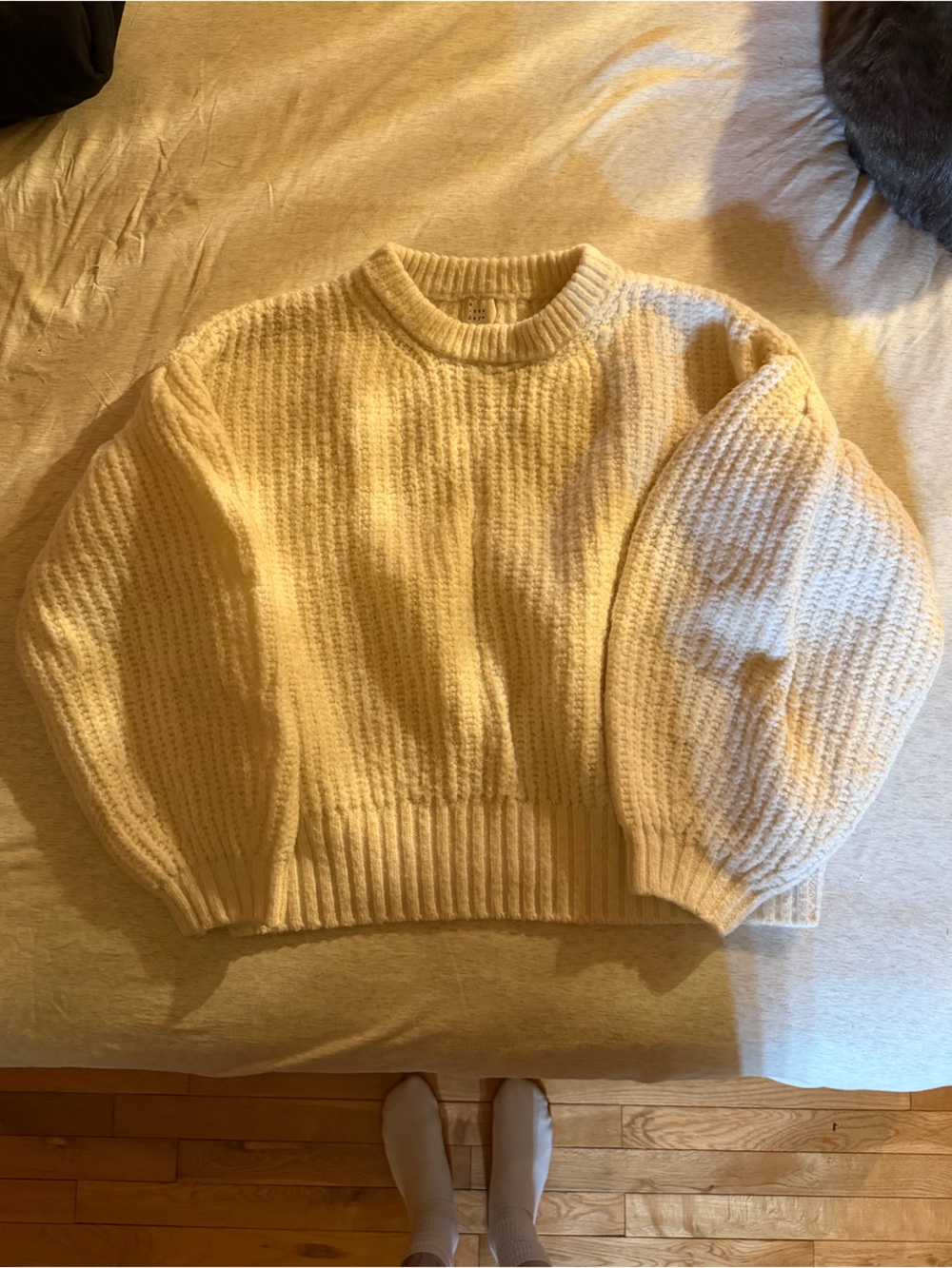 a new day Cream Ribbed Crewneck Balloon Sleeve Sweater
